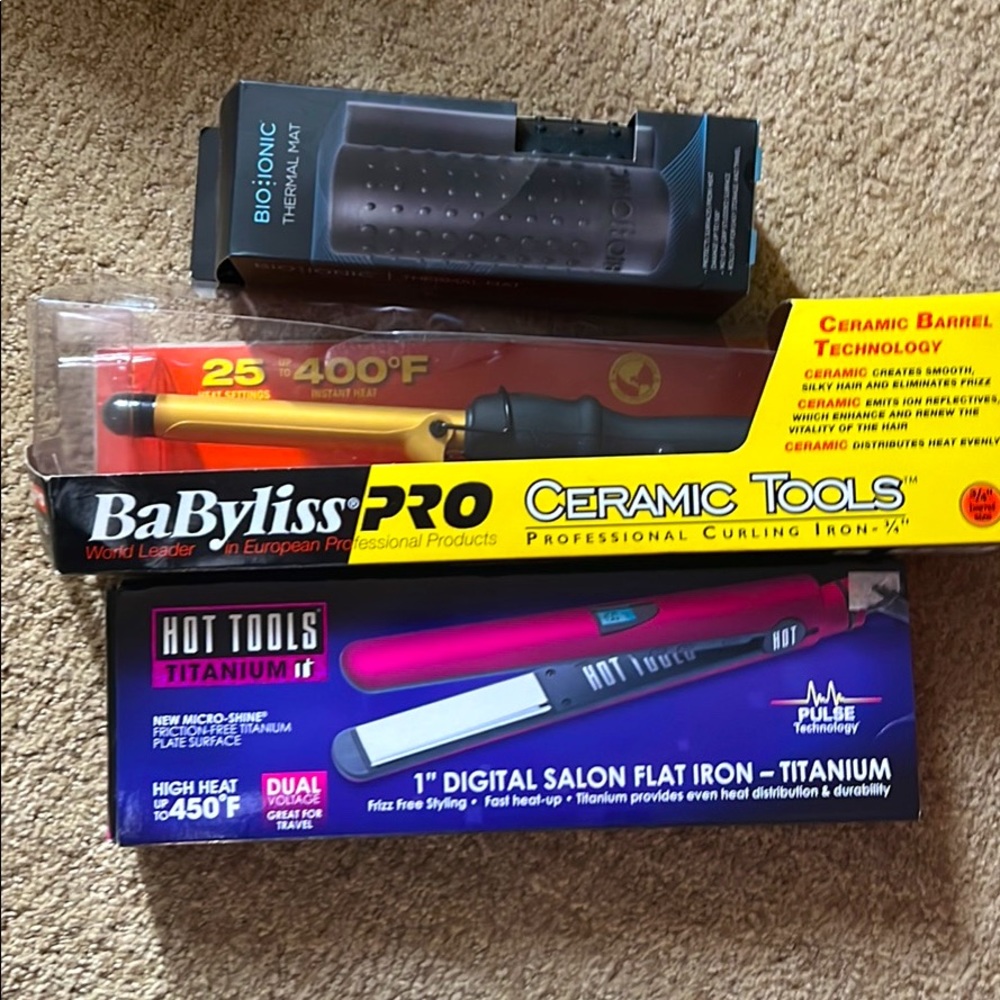 Hot Tools flat iron, Babyliss Curling Iron, BioIonic Heat Mat